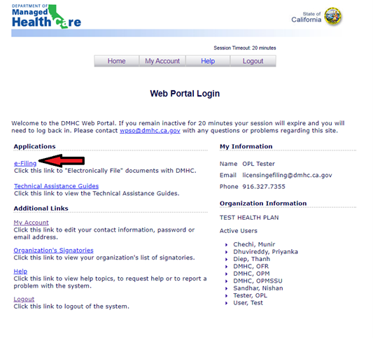 Screenshot of Web Portal Login page with arrow pointing to e-Filing link.